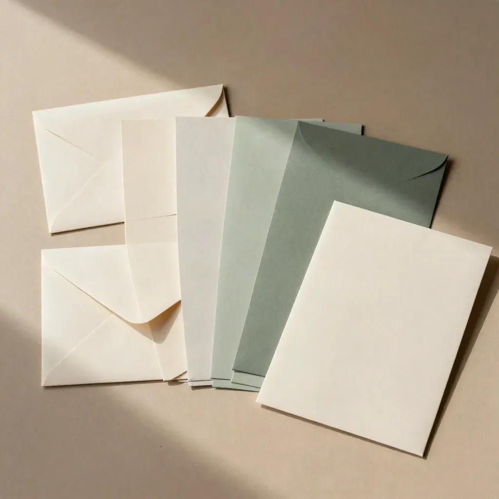Flatlay of brand identity papers, colour chips, and folder on warm plaster with sage accents.