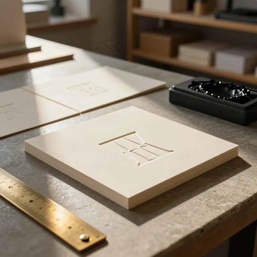 Embossed identity tiles, cream cards and brass rule on a stone print bench in soft studio haze.