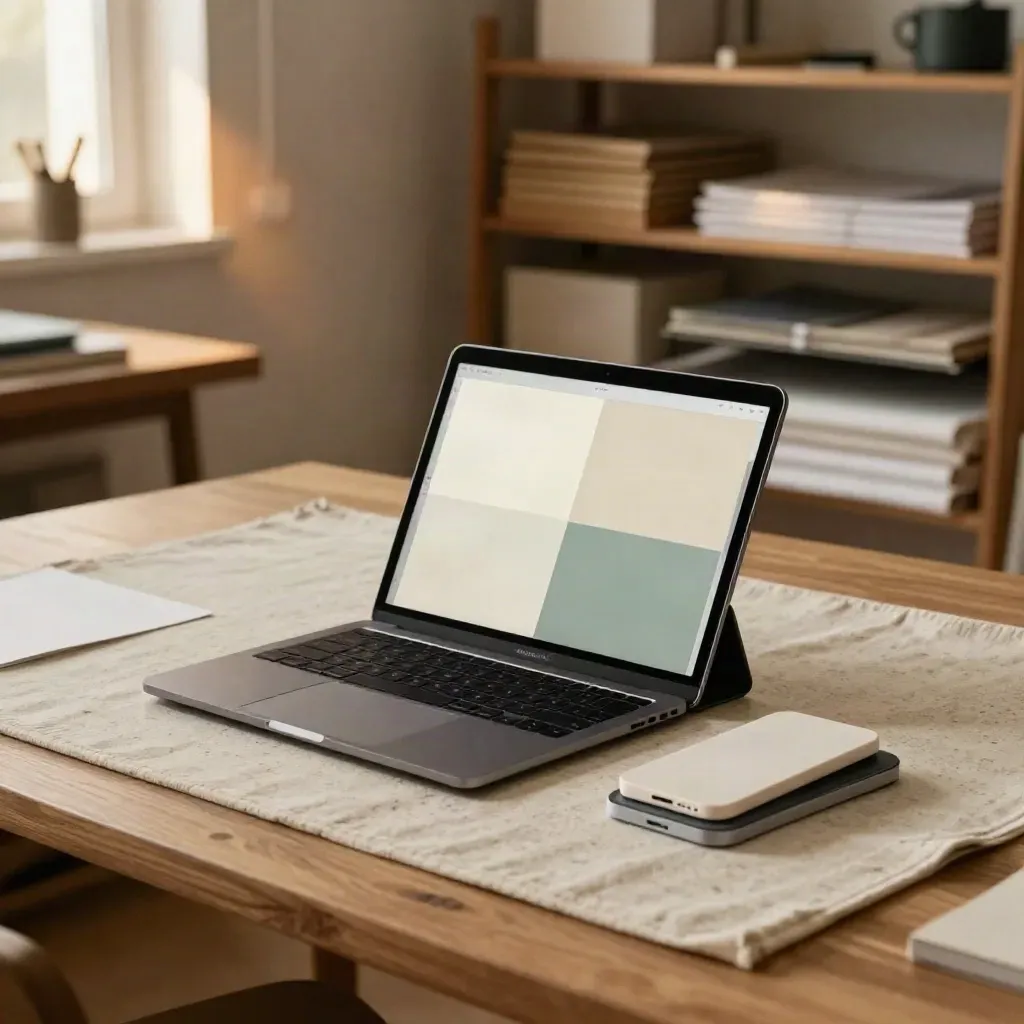 Charcoal laptop, tablet mockup, and device shells on linen in a warm studio corner.