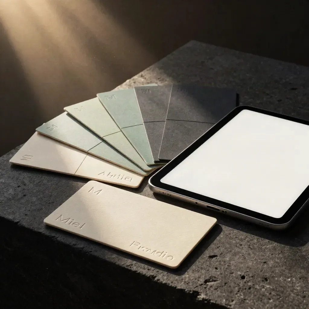 Brand identity cards, packaging shells, swatches and tablet mockup on a dark plinth in cinematic light.