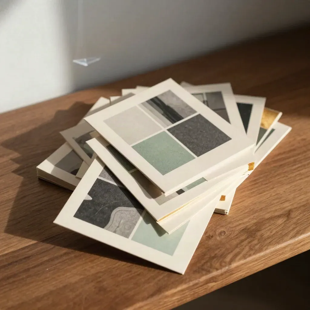 Staggered social media graphic cards fanning across a walnut surface in golden light.