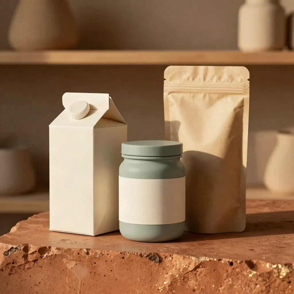 Extreme macro of folding carton, label sleeve, and pouch packaging mockups on terracotta plinth.
