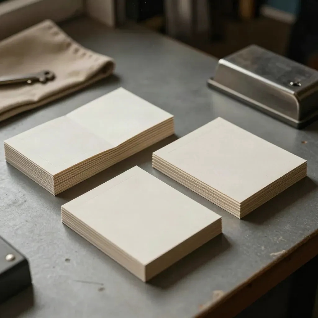 Print collateral pieces fanned on a dim workshop bench with dramatic light
