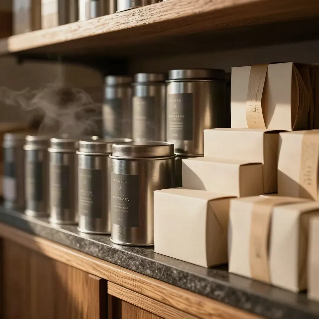 Tea shelf with refreshed tins and takeaway boxes in warm shop light