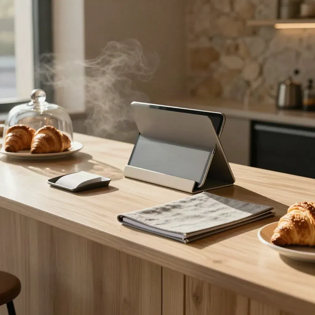 Moody cafe counter with tablet, closed binder, receipt tray and pastries in warm light
