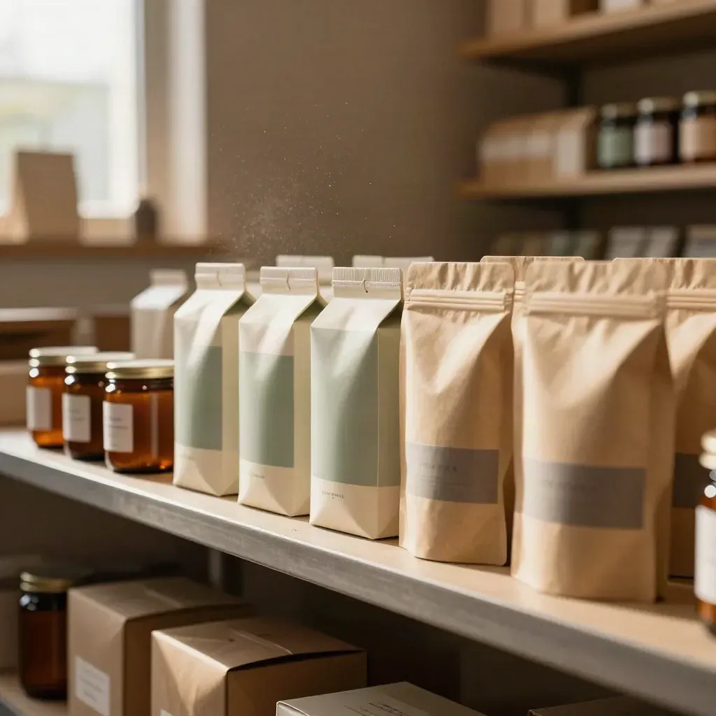 Aligned jars, cartons and pouches on a warm shelf run in soft upper-left light.