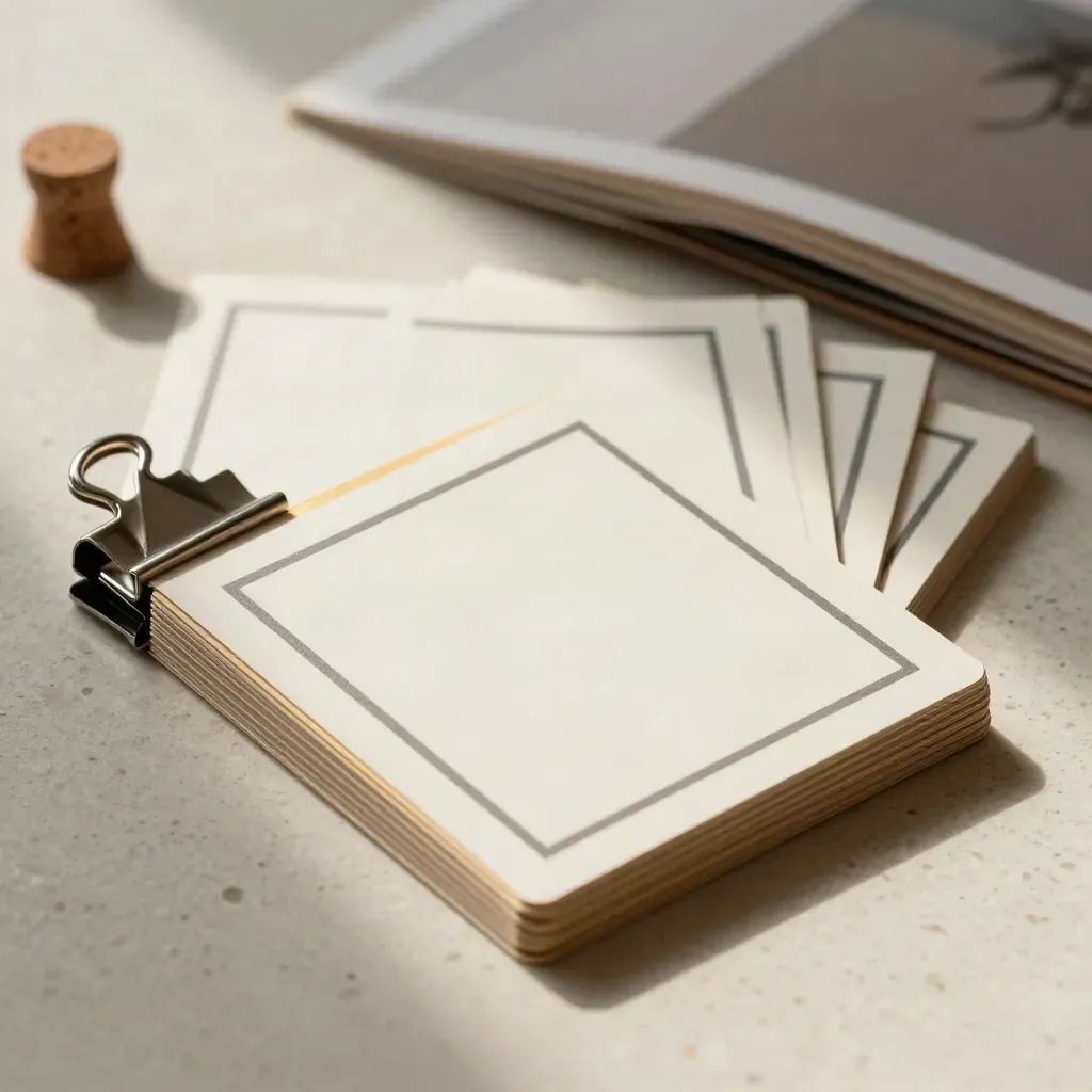 Layered square content cards and brushed clips on a travertine studio tabletop.