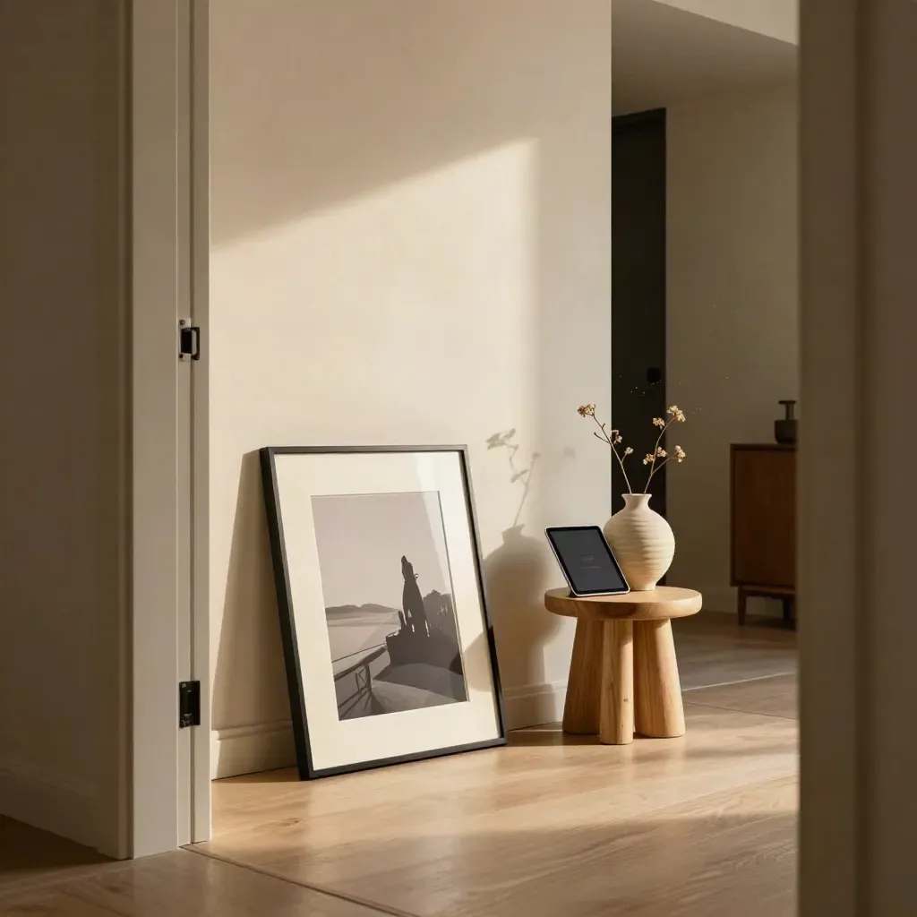 Cream entryway with leaning photo prints, turned-away tablet, vase, and stool in hard daylight.