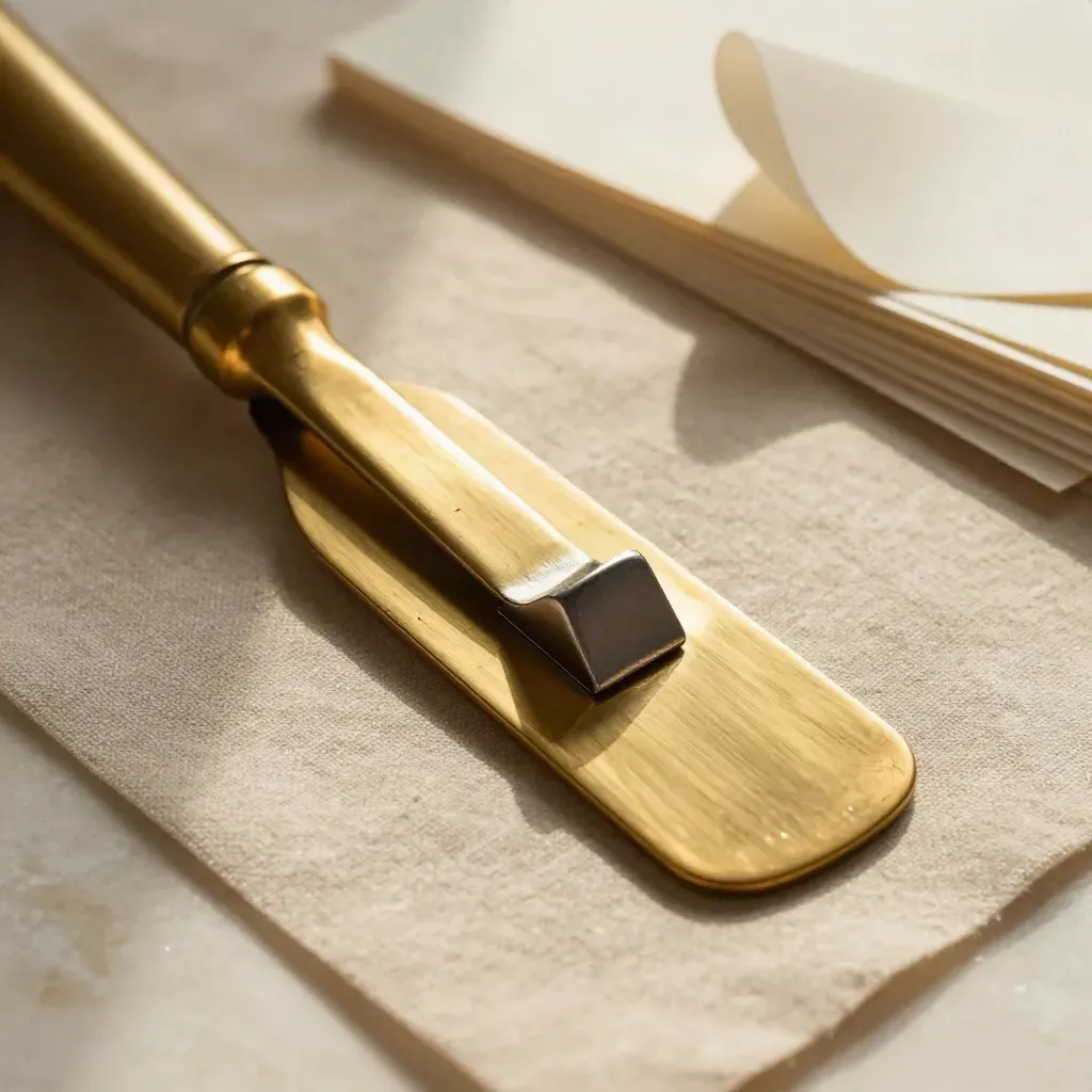Brass bone folder, swatch fan and corner-rounding punch on linen in crisp macro detail.