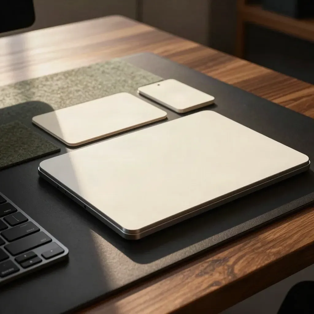Trackpad, keyboard corner and mockup slabs on a dark runner under dramatic studio light.