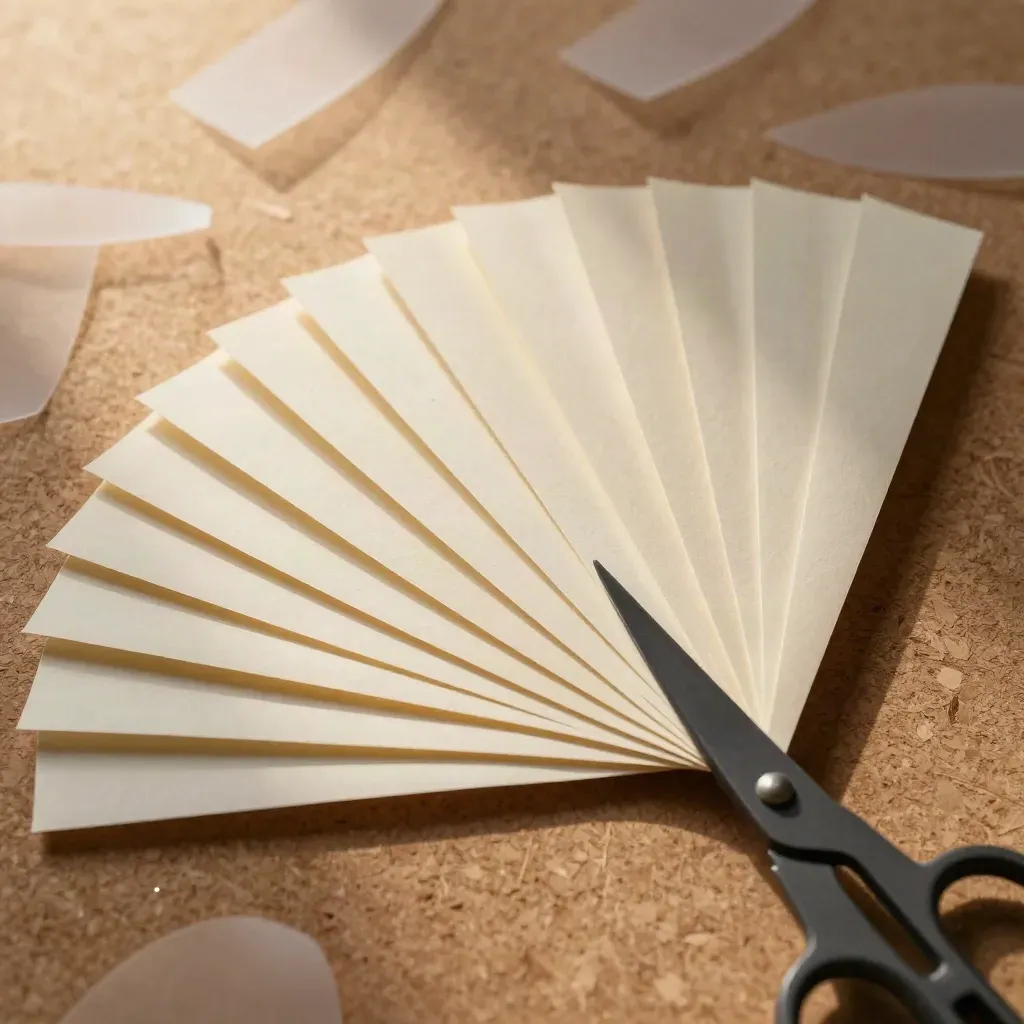 Cut paper templates and a scissors handle edge fanned across a textured layout board.