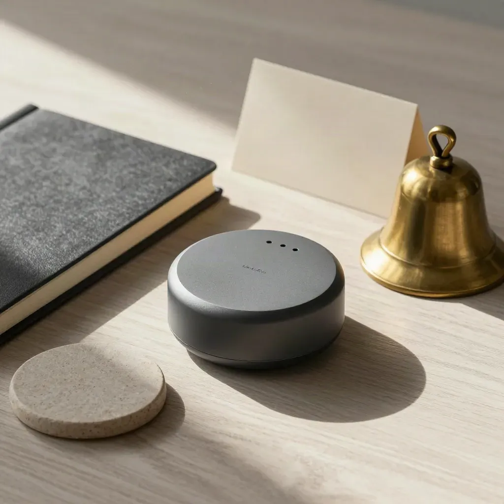 Top-down speaker puck, notebook, brass bell and stone coaster on pale wood