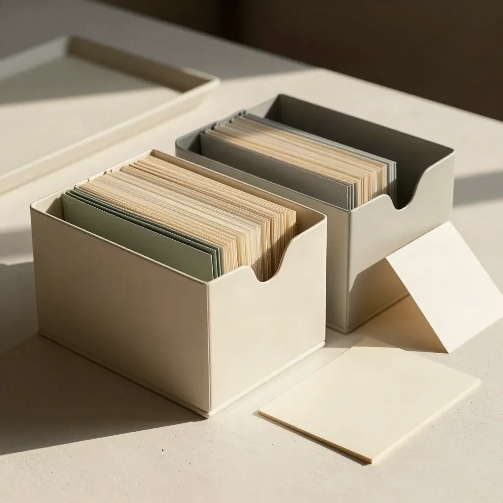 Modular file boxes and tabbed folders arranged in a calm planning still life on pale stone.