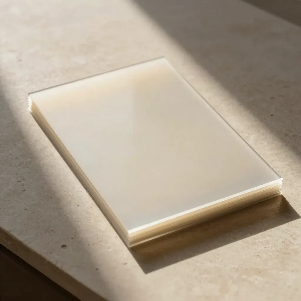 Acetate revision layers and cream mockup boards on pale limestone, softly lit overhead.