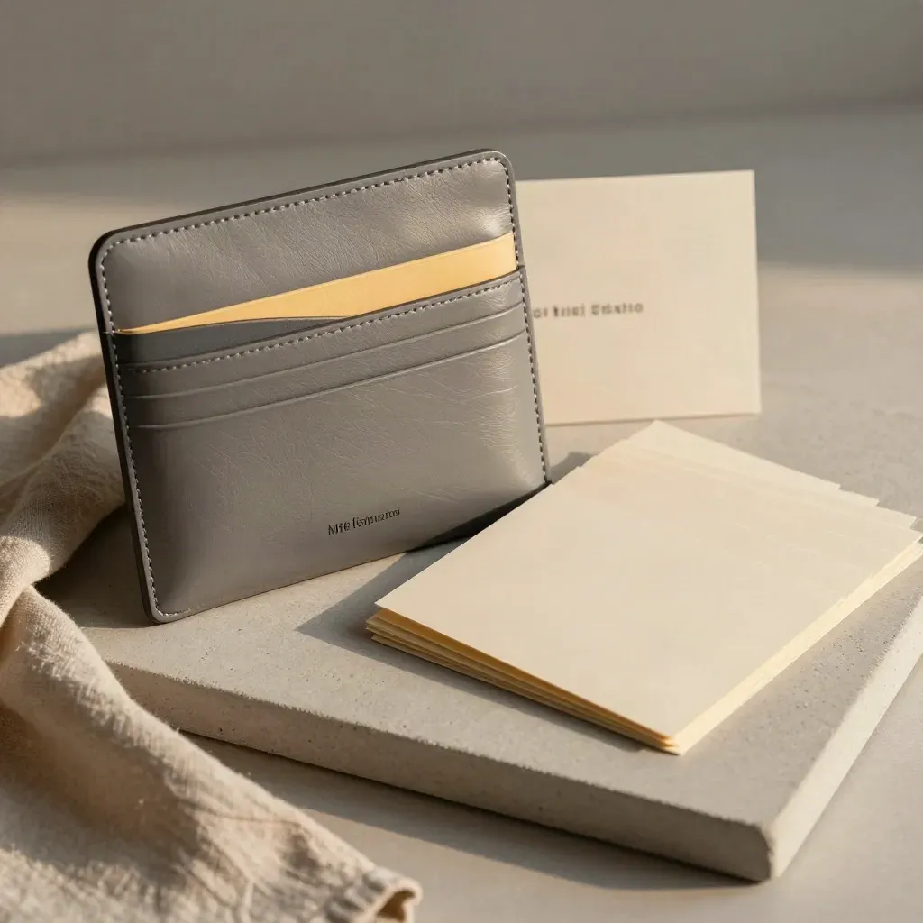 Sealed file pouch, card wallet and tabbed inserts on a concrete tray with soft linen and side light.
