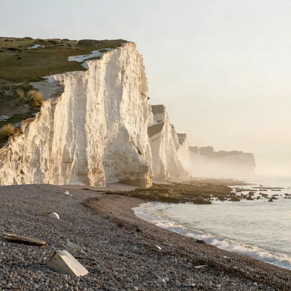 White chalk cliffs above a misty shingle shore at first light
