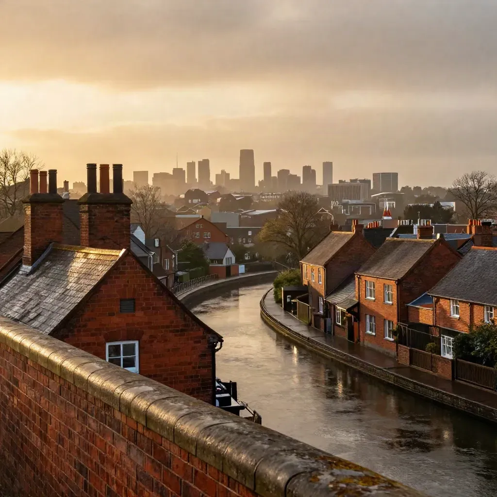 Golden-hour view of Midlands rooftops, canal water and civic skyline after rain.