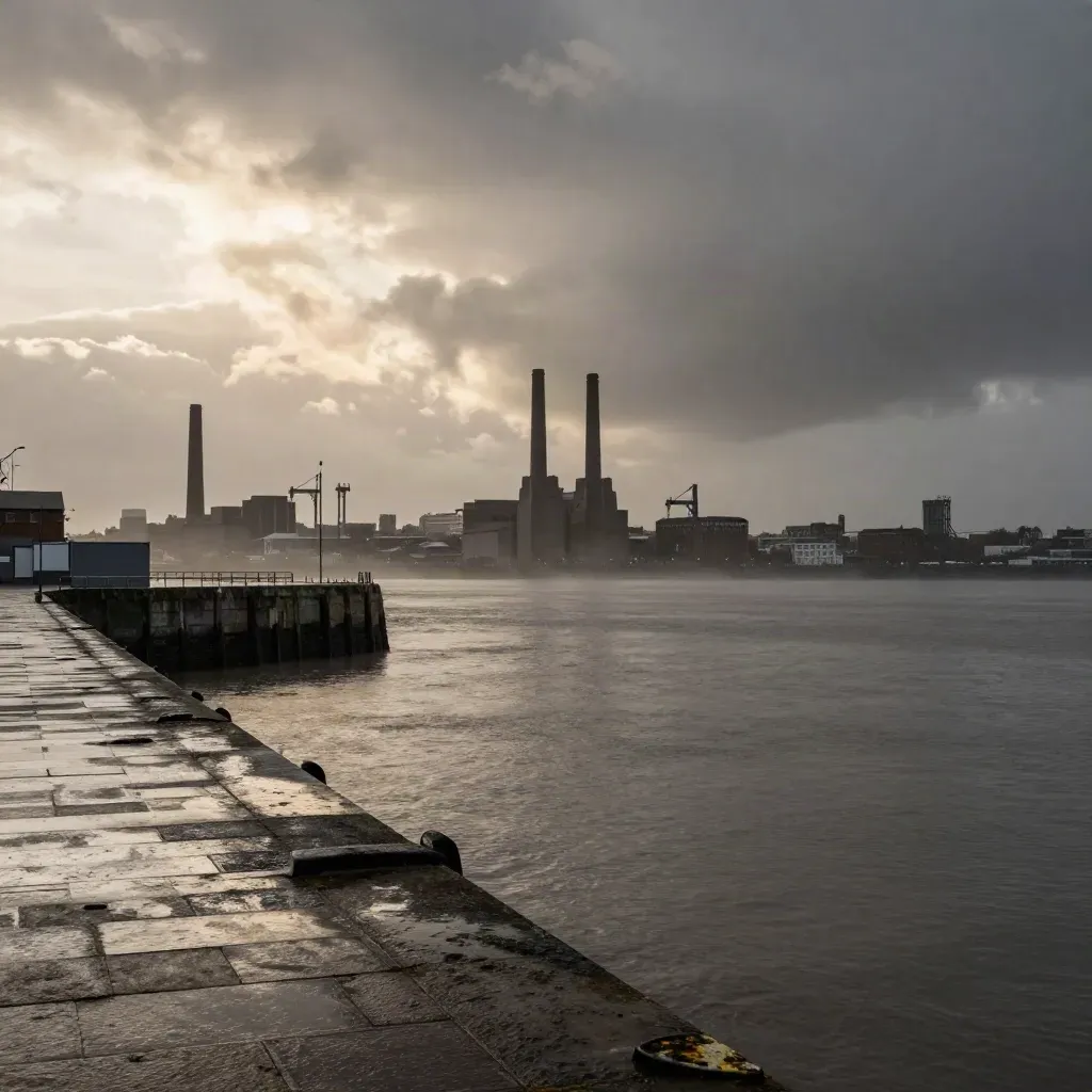 Mersey waterfront skyline in dusk haze above calm water and weathered dock walls